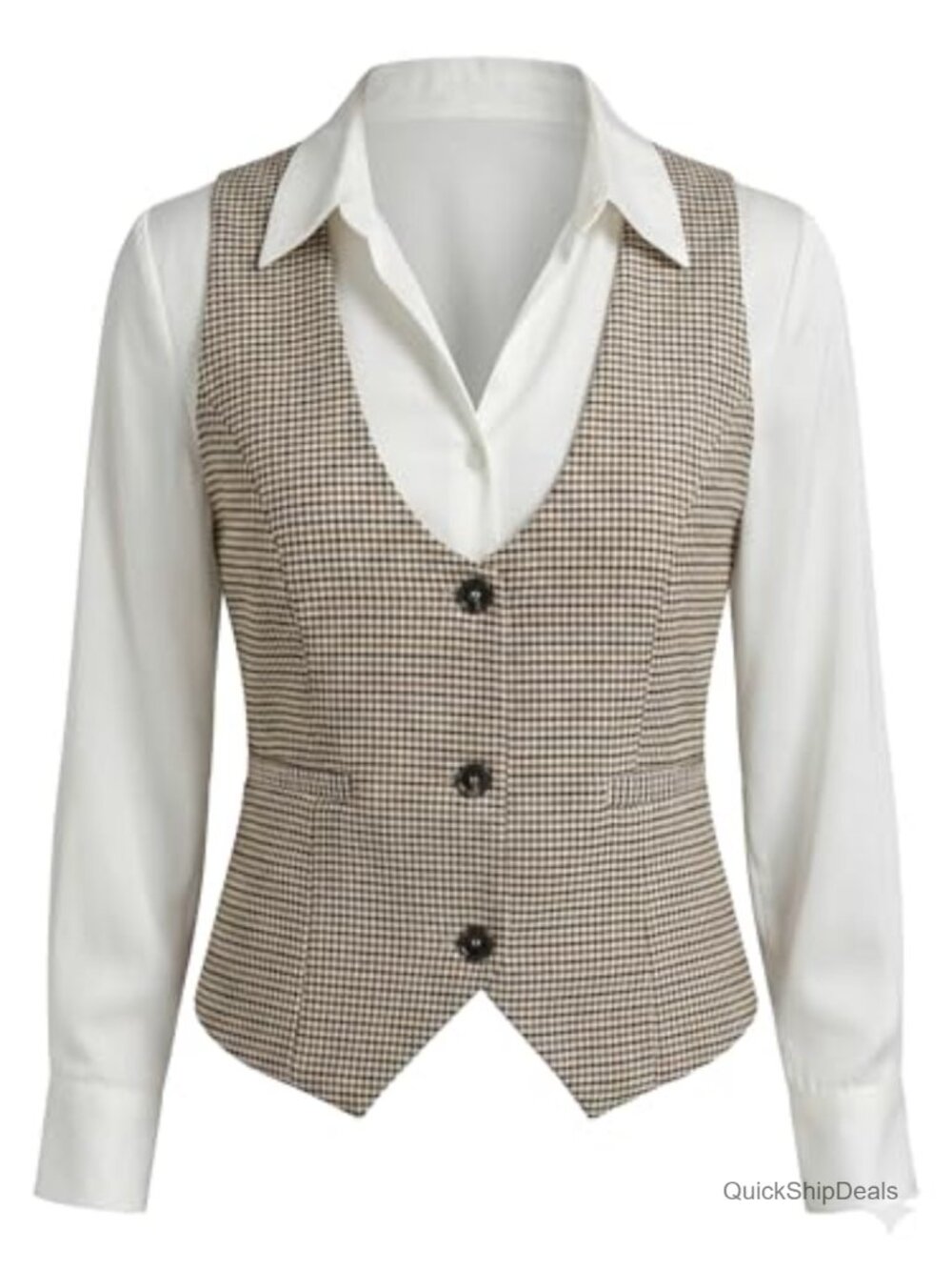 Women's Plaid U-Neck Slim Fit Vest with Waist Belt & Pockets